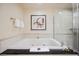 Bright bathroom showcasing a soaking tub next to a glass-door shower at 135 E Harmon Ave # 407, Las Vegas, NV 89109