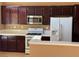 Modern kitchen features dark wood cabinets, stainless steel appliances, and ample counter space at 1531 Singing Bird Ln, North Las Vegas, NV 89031