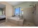 Elegant bathroom featuring a large soaking tub, glass-enclosed shower, and a serene atmosphere at 1143 Tortoise Mountain Dr, Mesquite, NV 89034