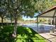 A beautiful community pool, perfect for relaxation and recreation, surrounded by mature trees at 6216 Pangea Ave, Las Vegas, NV 89139