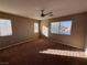 Bright bedroom featuring carpeted floors, large windows, and a ceiling fan at 10488 Beckaville Ave, Las Vegas, NV 89129