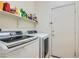 Functional laundry area with modern washer and dryer, plus shelving at 11276 Accademia Ct, Las Vegas, NV 89141