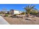 Landscaped front yard with desert plants and a palm tree at 4417 S Grand Cypress Way, Pahrump, NV 89061