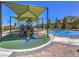 Play area with shade structure, slides, and sprinklers at 8130 Skye Sweep St, Las Vegas, NV 89166