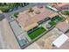 Aerial view showcasing house, backyard with artificial turf, and shed at 8965 S Tenaya Way, Las Vegas, NV 89113