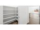 Bright pantry with many shelves for storage and wood-look tile flooring at 4540 S Pienza Ct, Pahrump, NV 89061