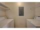 Convenient laundry room with white washer and dryer hookups, plus overhead wire shelving at 5855 Valley Dr # 2045, North Las Vegas, NV 89031