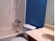 Bathroom with shower/tub combo, vanity, and blue walls at 6681 Bubbling Brook Dr # A, Las Vegas, NV 89107