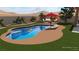 A backyard oasis with a sparkling pool, lounge chairs, a fire pit, and desert landscaping at 5919 Pavilion Lakes Ave, Las Vegas, NV 89122