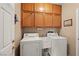Laundry room with washer, dryer, cabinets, and utility sink at 2520 Links Dr, Laughlin, NV 89029
