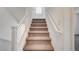 Modern carpeted staircase with white railings at 8056 Haywood Estate Ave, Las Vegas, NV 89113