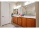 Double vanity bathroom with wood cabinets and a large mirror at 2378 Sandstone Cliffs Dr, Henderson, NV 89044