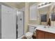 Clean bathroom with a large shower and wood vanity at 9161 Horizon Mist Ave, Las Vegas, NV 89178