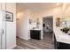 Spa-like bathroom with double sinks, walk-in shower, and a view into the bedroom at 1642 Dire Wolf Ave, North Las Vegas, NV 89084