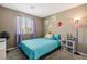 Cozy bedroom with light teal bedding and whimsical decor at 1937 Shanon Michelle Ave, North Las Vegas, NV 89031