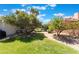 Landscaped backyard with mature trees and a grassy area at 274 Doobie Ave, Las Vegas, NV 89183