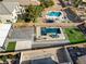 Aerial view showcasing a backyard with a sparkling pool and patio area at 165 Arrow Point Ln, Henderson, NV 89011