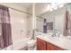 Clean bathroom with shower/tub combo and updated vanity at 2408 Sky Watcher St, Henderson, NV 89044