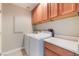 Laundry room with washer, dryer, and wood cabinets at 3008 Blush Noisette Ave, North Las Vegas, NV 89081