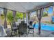 Covered patio with string lights, dining table and chairs, and a view of the pool at 8216 Fawn Heather Ct, Las Vegas, NV 89149