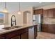 Kitchen island with double sink and granite countertop at 1359 Skylight Way, Mesquite, NV 89034