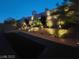 Landscaped backyard at night with dramatic lighting at 889 Ariel Heights Ave, Las Vegas, NV 89138