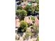 Aerial view of homes with lush landscaping, mature trees and community pool at 5381 Waving Sage Dr, Las Vegas, NV 89149