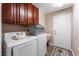 Convenient laundry room with washer, dryer, and upper cabinets at 5522 Oakview Falls Ct, Las Vegas, NV 89148