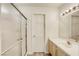 Clean bathroom with a shower/tub combo and vanity at 5954 Wabusca Way, Las Vegas, NV 89142