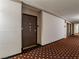 Hallway leading to condo unit featuring brown doors and flower-patterned carpet at 725 N Royal Crest Cir # 215, Las Vegas, NV 89169