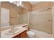 The bathroom features a vanity, toilet, and shower-tub combo with sliding glass doors at 5201 Progresso St, Las Vegas, NV 89135