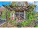 Charming home's front window, framed by a pergola, lush greenery, and vibrant pink roses, creates a welcoming curb appeal at 2829 Forrest Duke Ct, Las Vegas, NV 89108