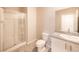 Bathroom with shower, toilet, and granite vanity at 487 Via Renata, Henderson, NV 89044