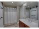 Bright bathroom with a shower/tub combo, modern vanity, and a barn door at 150 Las Vegas Blvd # 907, Las Vegas, NV 89101