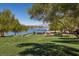 Scenic lakefront view with a grassy lawn, mature trees, and water activities in the distance at 43 Strada Loreto, Henderson, NV 89011