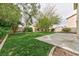 Lush backyard with mature trees, lawn and large concrete patio, creating an inviting outdoor space at 6113 Breeders Cup St, Las Vegas, NV 89130