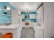 White kitchen with stainless steel appliances and blue walls at 1558 Aztec Way, Las Vegas, NV 89169