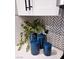 Close-up of kitchen counter with stylish blue canisters and green plant at 724 Last Dance Pl, Henderson, NV 89011