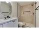 Clean bathroom, featuring a walk-in shower and updated vanity at 7305 Backstretch Ave, Las Vegas, NV 89130