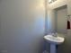 Small powder room with pedestal sink and mirror at 8971 Dallas Ridge Ave, Las Vegas, NV 89178