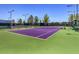 Well-maintained tennis court featuring a green and purple surface, surrounded by a tall fence and mature trees at 3 Pine Hollow Dr, Henderson, NV 89052