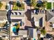 An aerial view showcasing a property with multiple buildings, a pool, and lush landscaping at 5110 N Valadez St, Las Vegas, NV 89149