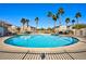 Inviting community pool surrounded by palm trees at 6529 Za Zu Pitts Ave # 102, Las Vegas, NV 89122