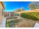 Landscaped backyard with storage shed and grass at 6733 Violet Bluff Ct, North Las Vegas, NV 89084