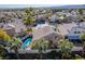 Aerial view of house, pool, and neighborhood with mountains in distance at 8986 Lillyhammer Ct, Las Vegas, NV 89147