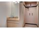 Clean bathroom with shower and updated vanity at 3104 Conners Dr, Las Vegas, NV 89107