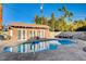 Inviting pool area with brick patio and a brick shed at 3104 Conners Dr, Las Vegas, NV 89107