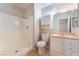 Clean bathroom with single vanity and shower/tub combo at 5453 Requa Ave, Las Vegas, NV 89110