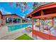 Serene pool and patio with covered seating area at 6640 Palmyra Ave, Las Vegas, NV 89146