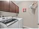 Well-lit laundry room featuring sleek, front-loading washer and dryer and modern, dark wood cabinetry for ample storage at 6914 Willowcroft St, Las Vegas, NV 89149